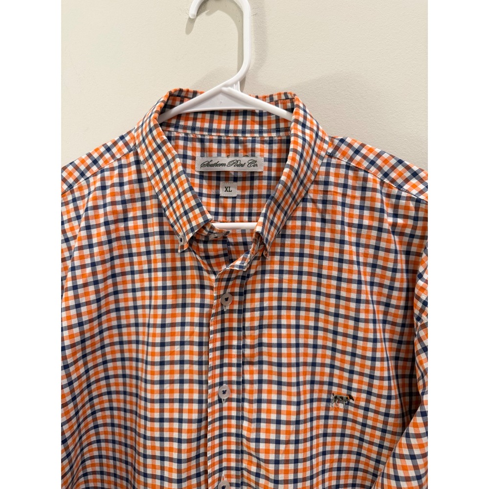XL Southern Point Co. shirtorange and blue plaid pattern and embroidered dog